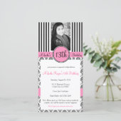 Black, White en Roze Stripe Invite (Staand voorkant)