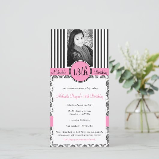 Black, White en Roze Stripe Invite (Staand voorkant)