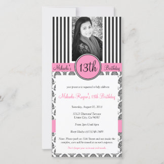 Black, White en Roze Stripe Invite