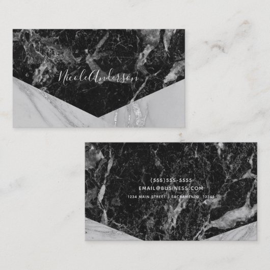 Black White en Silver Marble Modern Glam Trendy Visitekaartje (Voorkant / Achterkant)
