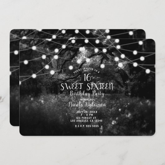 Black White Enchanted Forest Lights Sweet 16 Party Kaart (Voorkant / Achterkant)