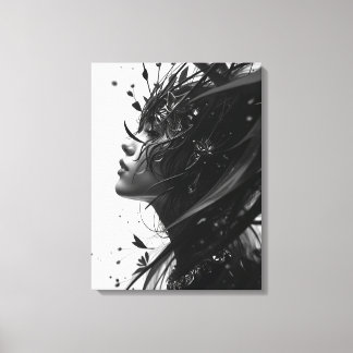 Black & White Fantasy Woman Portrait – Elegant Abs Canvas Afdruk