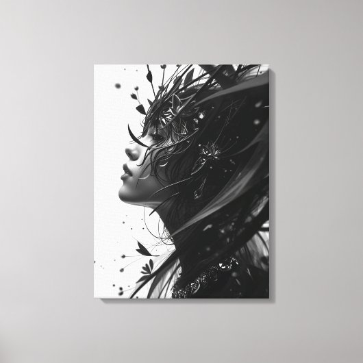 Black & White Fantasy Woman Portrait – Elegant Abs Canvas Afdruk (Voorkant)
