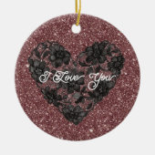 Black White Faux Lace Heart Floral Keramisch Ornament (Voorkant)