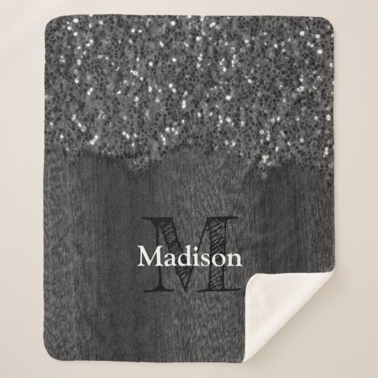 Black white faux sparkles rustic wood Monogram Sherpa Deken (Voorkant)