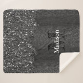 Black white faux sparkles rustic wood Monogram Sherpa Deken (Voorkant (horizontaal))