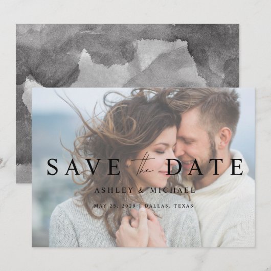 Black & White Faux Vellum Overlay Photo Wedding Save The Date (Voorkant / Achterkant)