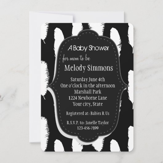 Black White Feathers-Baby shower Kaart (Achterkant)