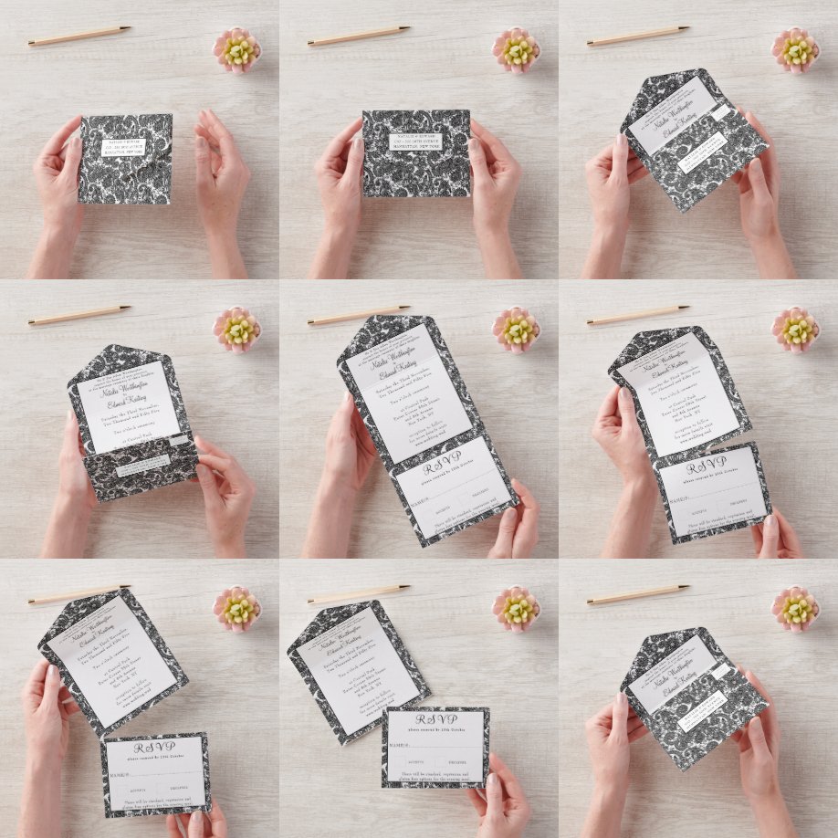 Black White Filigree Paisley Henna Wedding RSVP All In One Uitnodiging