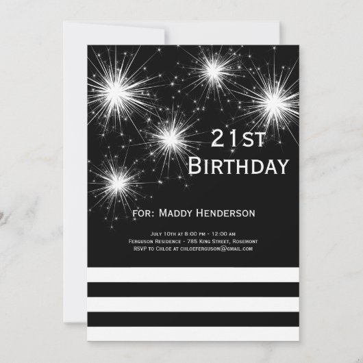 Black & White Fireworks 21st Birthday Invitation Kaart (Voorkant)