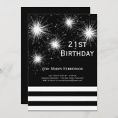 Black & White Fireworks 21st Birthday Invitation Kaart (Voorkant / Achterkant)