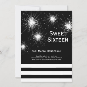 Black & White Fireworks Sweet Sixteen-uitnodiging Kaart