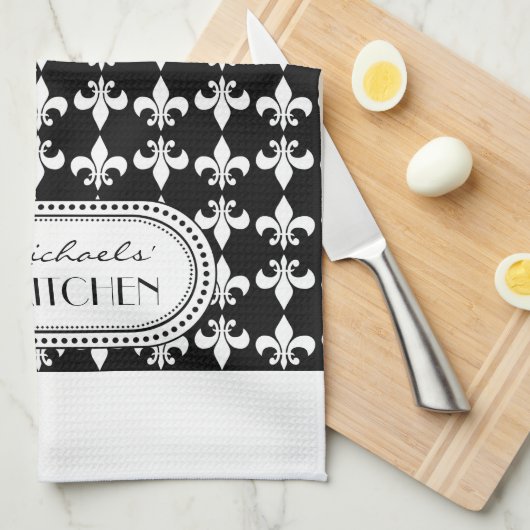 Black | White Fleur de Lis Monogram Pattern Theedoek (Quarter Fold)