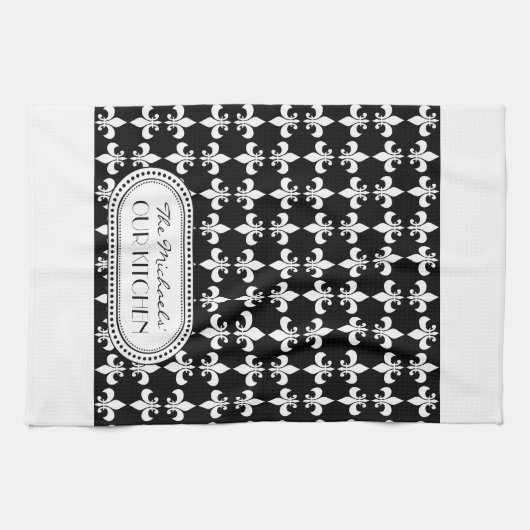 Black | White Fleur de Lis Monogram Pattern Theedoek (Horizontaal)
