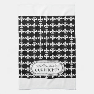 Black White Fleur de Lis Monogram Pattern Theedoek