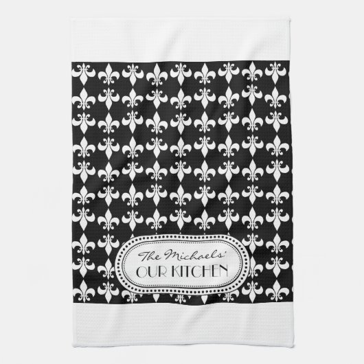 Black | White Fleur de Lis Monogram Pattern Theedoek (Verticaal)