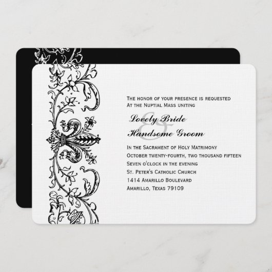 Black White Fleur katholieke bruiloft Uitnodiging (Voorkant / Achterkant)