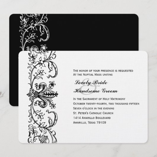 Black White Fleur katholieke bruiloft Uitnodiging (Voorkant / Achterkant)