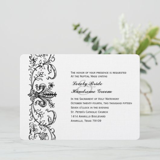 Black White Fleur katholieke bruiloft Uitnodiging (Staand voorkant)
