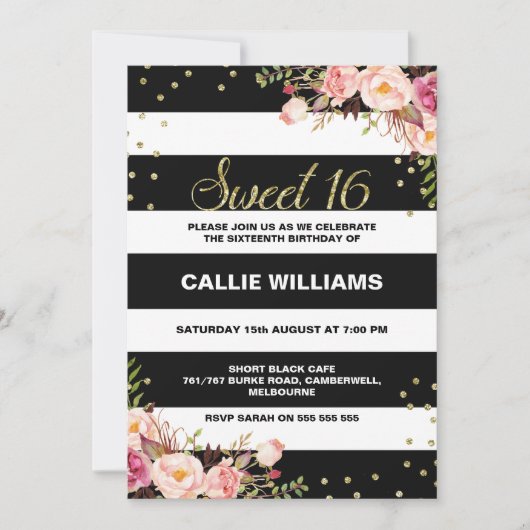 Black White Floral 16th Birthday Invitation Kaart (Voorkant)