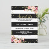 Black White Floral 16th Birthday Invitation Kaart (Staand voorkant)