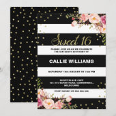 Black White Floral 16th Birthday Invitation Kaart (Voorkant / Achterkant)
