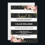 Black White Floral 16th Birthday Invitation Kaart<br><div class="desc">Op zoek naar een gewaagde 16e of zoete 16e verjaardag uitnodiging? Dit ontwerp is voorzien van een witte en zwarte streep met een faux goudpost met twee bloemetjes en enkele gouden stippen. De achterkant van de uitnodiging is zwart met een faux gouden pot patroon. Dit ontwerp is een zeer opmerkelijke...</div>