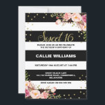 Black White Floral 16th Birthday Invitation Kaart<br><div class="desc">Op zoek naar een gewaagde 16e of zoete 16e verjaardag uitnodiging? Dit ontwerp is voorzien van een witte en zwarte streep met een faux goudpost met twee bloemetjes en enkele gouden stippen. De achterkant van de uitnodiging is zwart met een faux gouden pot patroon. Dit ontwerp is een zeer opmerkelijke...</div>