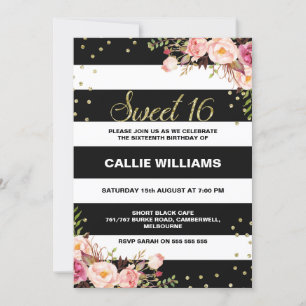Black White Floral 16th Birthday Invitation Kaart