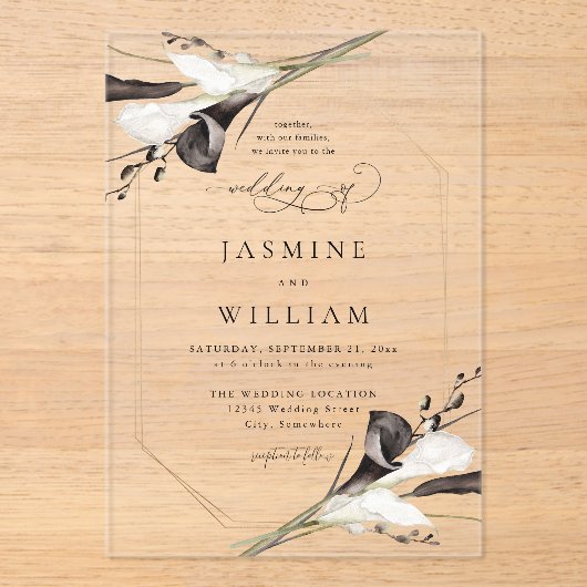 Black & White Floral 2 Acryl Uitnodigingen (Voorkant)