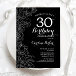 Black White Floral 30th Birthday Party Kaart<br><div class="desc">Black White Floral 30th Birthday Party Invitation. Minimalistisch modern ontwerp met botanische contouren en lettertype typografiescript. Eenvoudige trendy nodigt een perfecte kaart uit voor een stijlvolle feestdag in het vrouw. Kan op elke leeftijd worden aangepast. Uitnodigingen op Zazzle afdrukken of sjabloon voor digitaal afdrukken direct downloaden.</div>