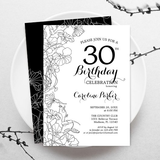 Black White Floral 30th Birthday Party Kaart