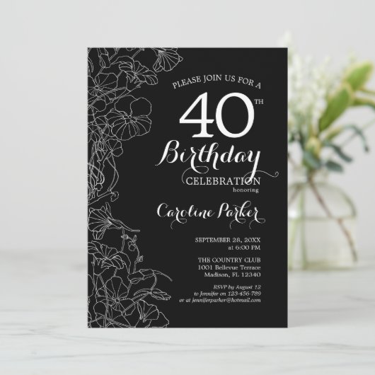 Black White Floral 40th Birthday Kaart (Staand voorkant)