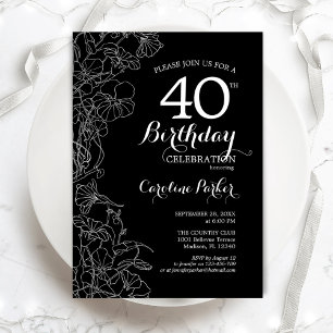 Black White Floral 40th Birthday Kaart