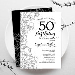 Black White Floral 50th Birthday Party Kaart<br><div class="desc">Black White Floral 50th Birthday Party Invitation. Minimalistisch modern ontwerp met botanische contouren en lettertype typografiescript. Eenvoudige trendy nodigt een perfecte kaart uit voor een stijlvolle feestdag in het vrouw. Kan op elke leeftijd worden aangepast. Uitnodigingen op Zazzle afdrukken of sjabloon voor digitaal afdrukken direct downloaden.</div>