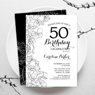 Black White Floral 50th Birthday Party Kaart
