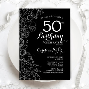 Black White Floral 50th Birthday Party Kaart