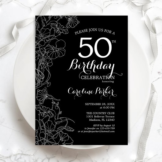 Black White Floral 50th Birthday Party Kaart