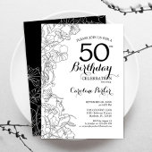 Black White Floral 50th Birthday Party Kaart
