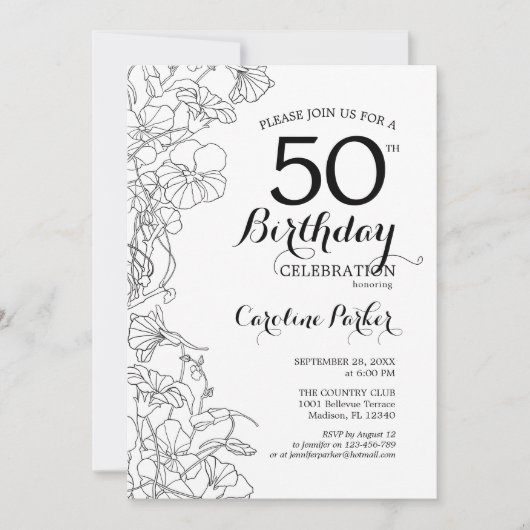 Black White Floral 50th Birthday Party Kaart (Voorkant)