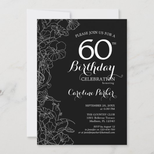 Black White Floral 60th Birthday Kaart (Voorkant)