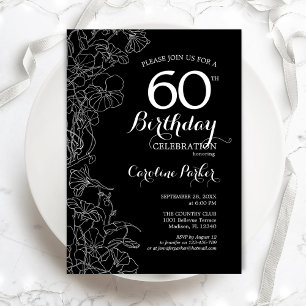 Black White Floral 60th Birthday Kaart
