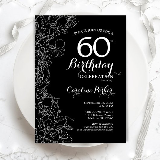 Black White Floral 60th Birthday Kaart