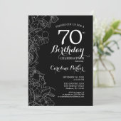 Black White Floral 70th Birthday Party Kaart (Staand voorkant)