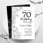 Black White Floral 70th Birthday Party Kaart<br><div class="desc">Black White Floral 70th Birthday Party Invitation. Minimalistisch modern ontwerp met botanische contouren en lettertype typografiescript. Eenvoudige trendy nodigt een perfecte kaart uit voor een stijlvolle feestdag in het vrouw. Kan op elke leeftijd worden aangepast. Uitnodigingen op Zazzle afdrukken of sjabloon voor digitaal afdrukken direct downloaden.</div>