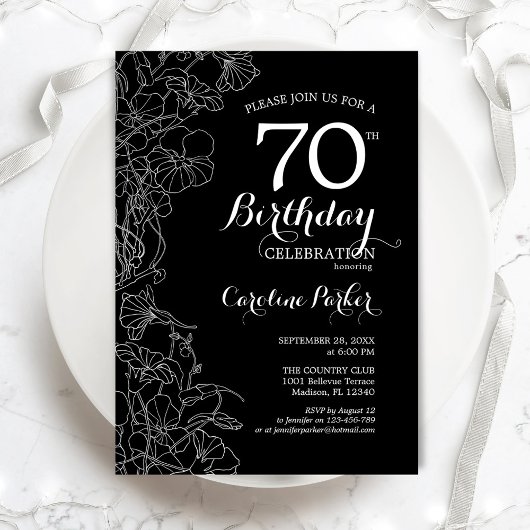 Black White Floral 70th Birthday Party Kaart