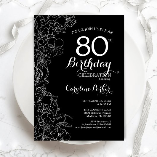 Black White Floral 80th Birthday Party Kaart