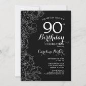 Black White Floral 90th Birthday Party Kaart (Voorkant)