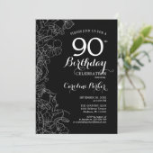 Black White Floral 90th Birthday Party Kaart (Staand voorkant)