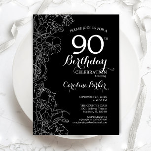 Black White Floral 90th Birthday Party Kaart